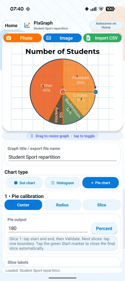PixGraph pie chart calibration and data extraction