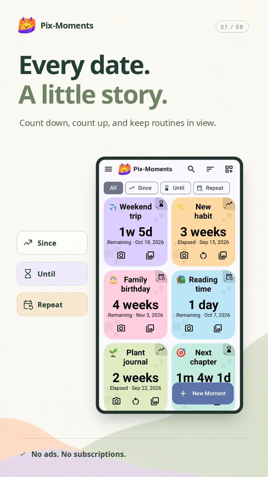 Pix-Moments board with elapsed days, countdowns and repeating events