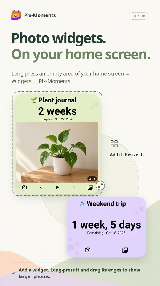 Pix-Moments Android photo widgets for a plant journal and a trip countdown