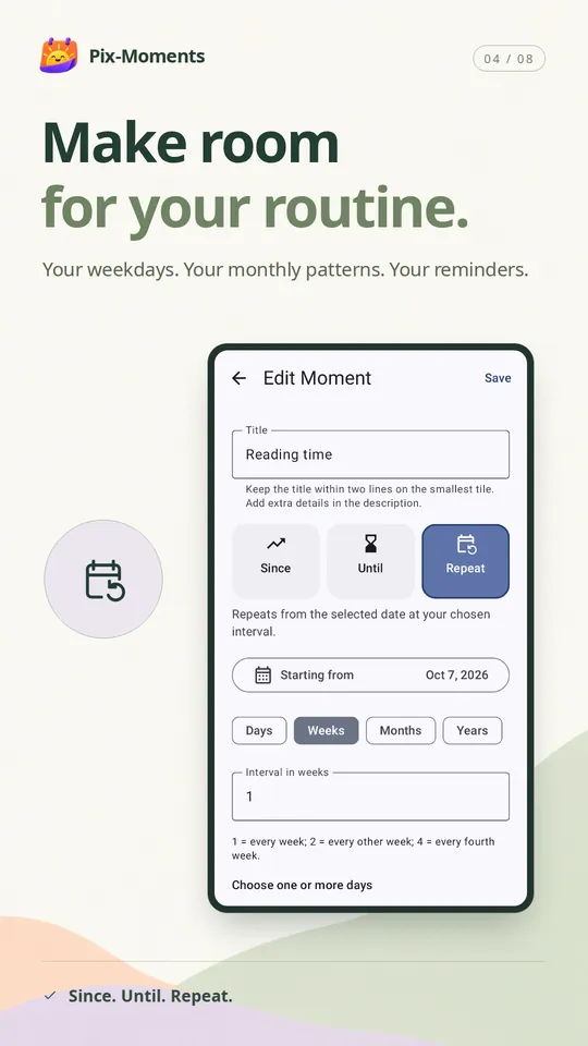 Pix-Moments recurring event editor for daily and weekly routines