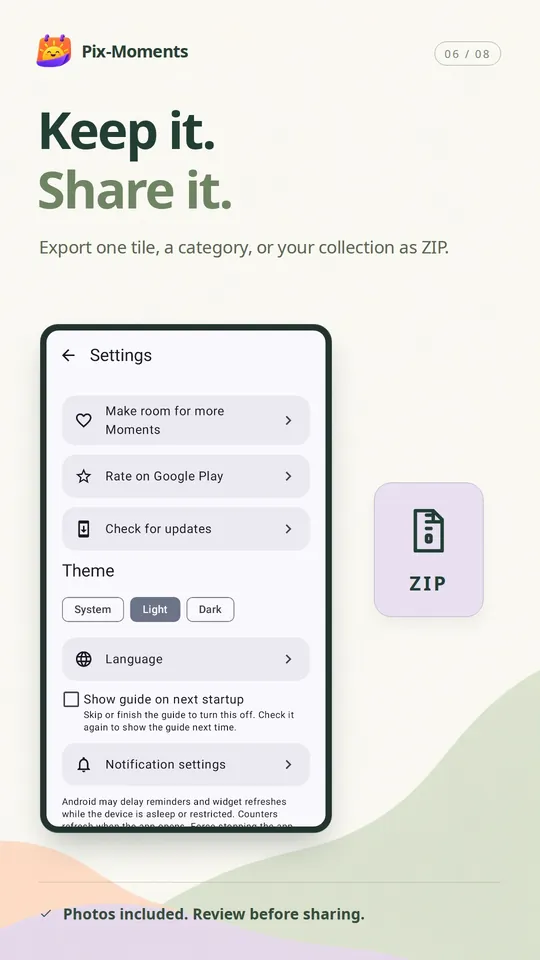 Pix-Moments manual ZIP backup and sharing options