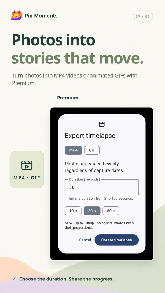 Pix-Moments Premium photo timeline export to MP4 video or animated GIF