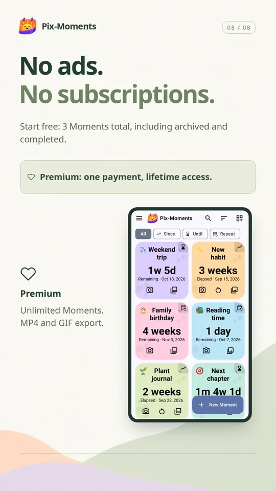 Pix-Moments free features and optional one-time lifetime Premium upgrade